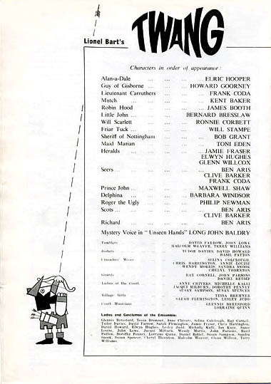 Twang theatre programme and Cast list starring Barbara Windsor, Ronnie Corbett, Bernard Bresslaw, Long John Baldry, James Booth